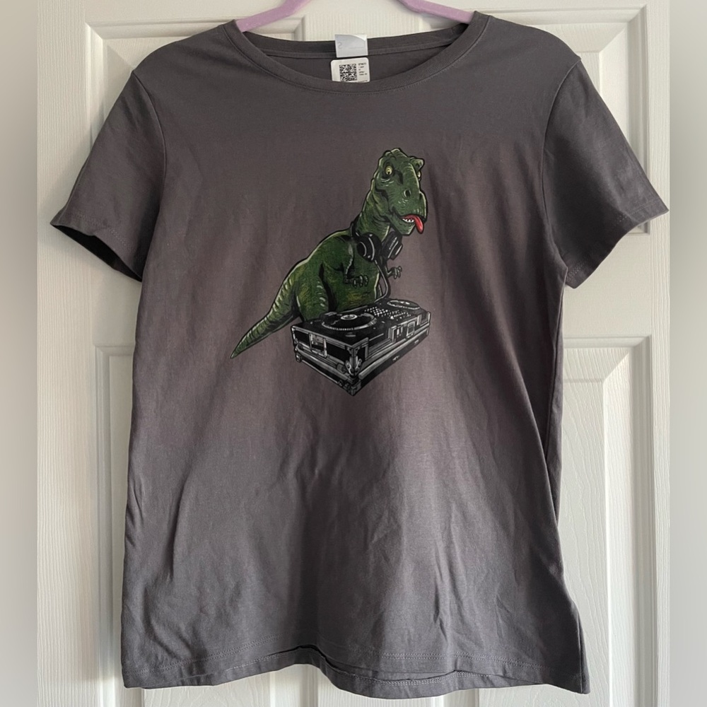 NWT Poor T-Rex Dinosaur DJ Funny Graphic Tee Shirt Dark Gray Size S